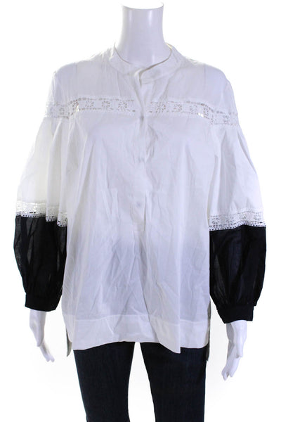 D. Exterior Womens Colorblock Lace Long Sleeved Buttoned Top White Black Size M