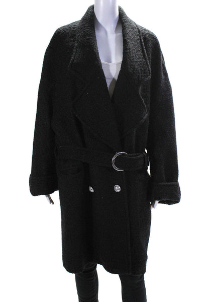 Balmain Womens Double Breasted Metallic Tweed Belted Coat Black Wool Size FR 38