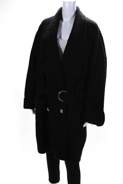 Balmain Womens Double Breasted Metallic Tweed Belted Coat Black Wool Size FR 38