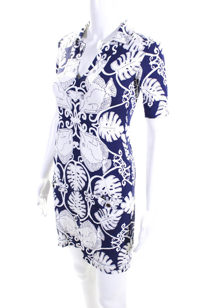 Tori Richard WOmens Fish Print Collared V-Neck Short Sleeve Dress Blue Size XXS