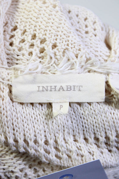 Inhabit Women's Cotton Open Knit Long Sleeve Fringe Trim Blouse Beige Size S