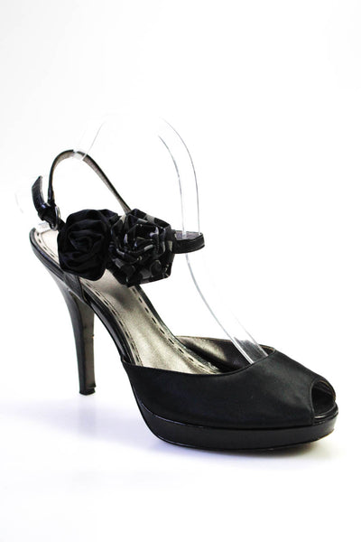Coach Womens Embroidered Floral Buckled Peep Toe Stiletto Heels Black Size 9.5