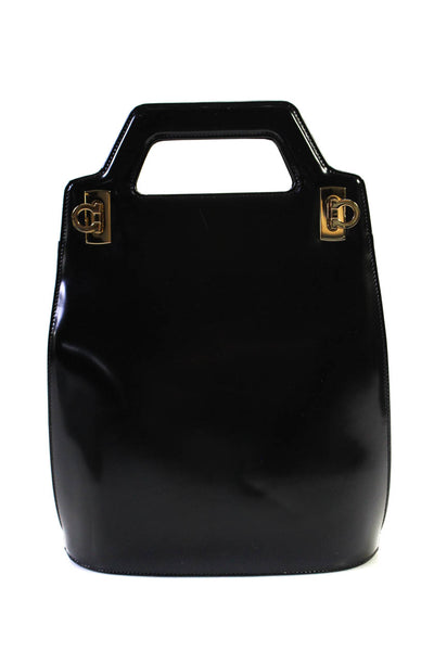 Salvatore Ferragamo Womens Wanda  Patent Leather Gold Tone Shoulder Handbag Blac