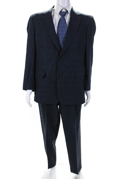Murano Mens Wool Check Print Two Button Blazer Pleated Pants Suit Blue Size 42