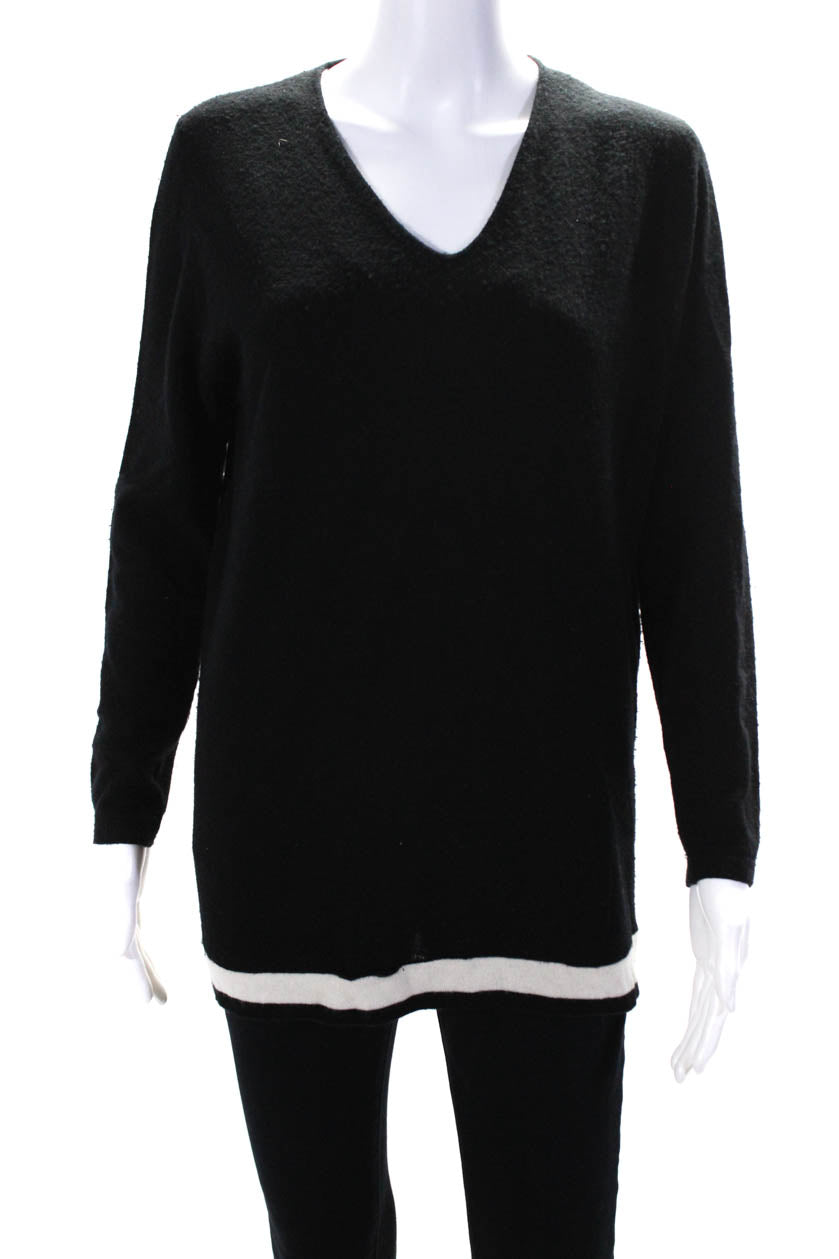 Escada Womens Pullover Striped Trim V Neck Sweater Black White Wool Si -  Shop Linda's Stuff