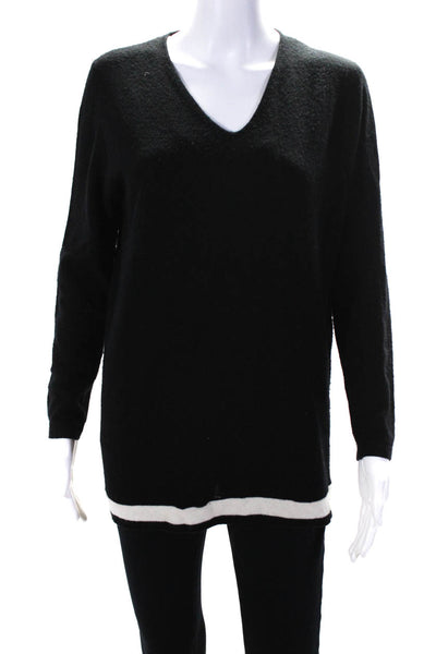 Escada Womens Pullover Striped Trim V Neck Sweater Black White Wool Size Small