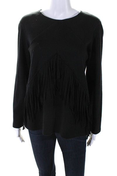 Sandro Womens Crew Neck Fringe Long Sleeve Sweater Black Wool Size 3