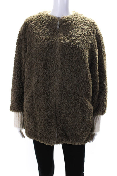 Etoile Isabel Marant Womens Knit Cuff Fuzzy Plush Teddy Jacket Olive Green FR 38