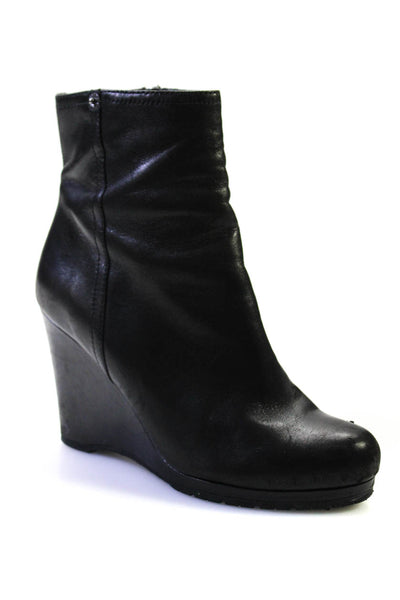 Prada Women's Leather Round Toe Wedge Boots Black Size 6