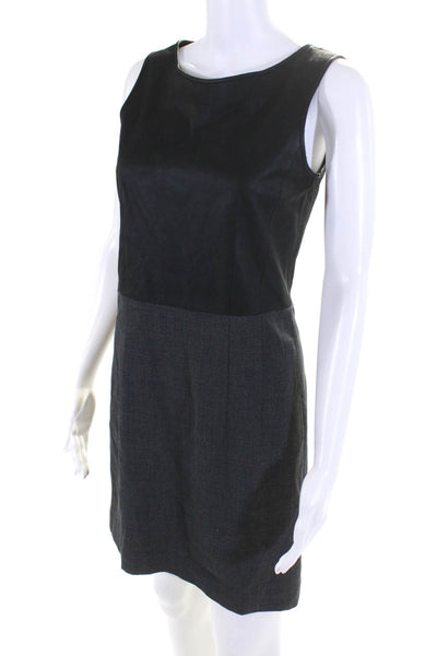 Theory Womens Leather Wool Sleeveless Color Block Pencil Dress Black Gray Size 4