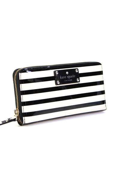 Kate Spade New York Womens Patent Leather Striped Wallet White Black