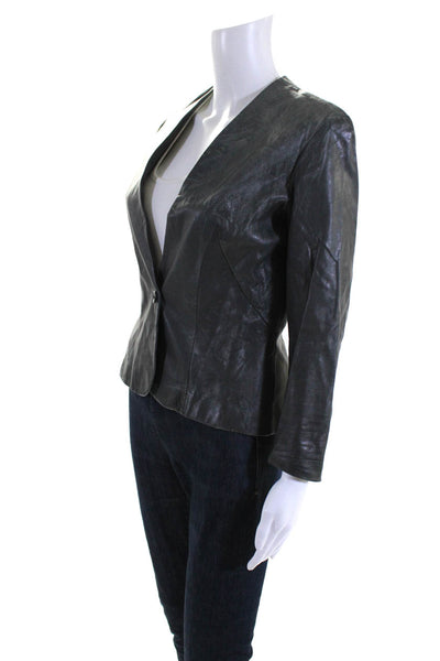 Yolacolon Womens Leather Long Sleeve One Button Blazer Jacket Gray Size 35