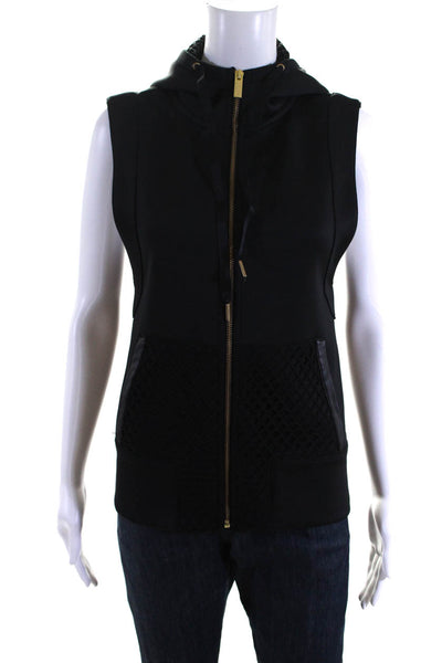 ALALA Womens Sleeveless Textured Full Zip Up Hooded Vest Black Size XS