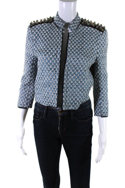 Kelly Wearstler Womens Open Front Geometric Embellished Jacket Blue White Size 4