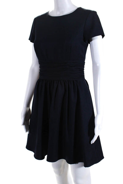 Ellen Tracy Women's Round Neck Short Sleeves Cinch Waist Mini Dress Blue Size 2