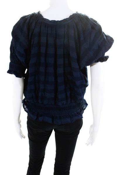 Tularosa Womens Short Sleeve Striped Tassel V-Neck Elastic Blouse Blue Size S
