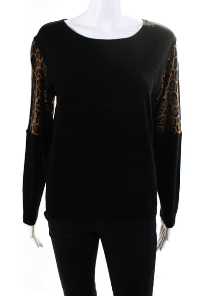 Society Womens Leopard Print Sleeve Crew Neck Sweater Black Wool Size Medium