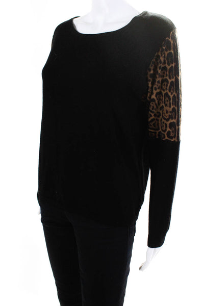 Society Womens Leopard Print Sleeve Crew Neck Sweater Black Wool Size Medium