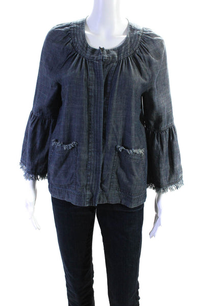 Trina Turk Womens Frayed Long Sleeved Round Neck Open Front Blouse Blue Size S