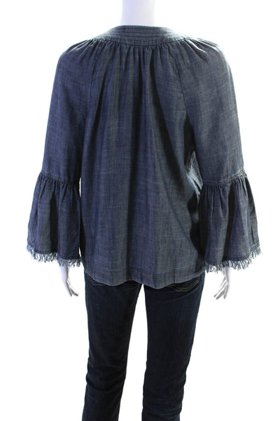 Trina Turk Womens Frayed Long Sleeved Round Neck Open Front Blouse Blue Size S