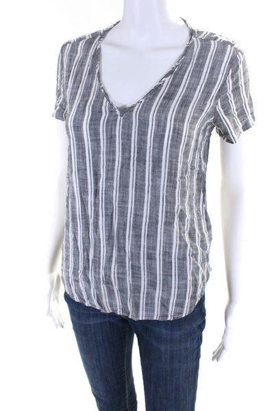 Bella Dahl Womens Striped V Neck Short Sleeved Shirt Blouse Gray White Size XS