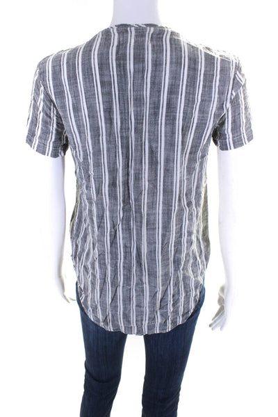 Bella Dahl Womens Striped V Neck Short Sleeved Shirt Blouse Gray White Size XS