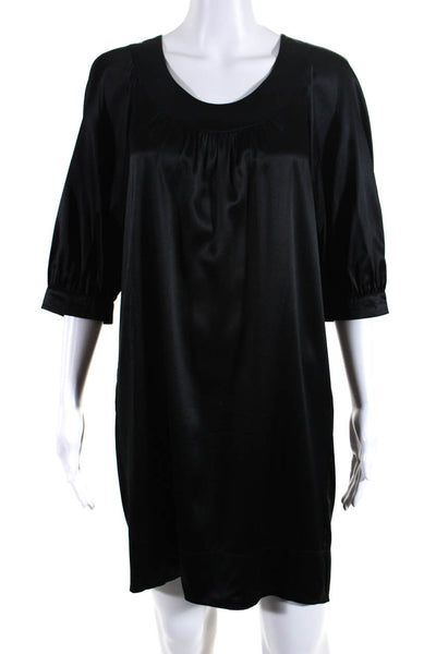 Vince Women's Silk Long Sleeve Scoop Neck Shift Dress Black Size S