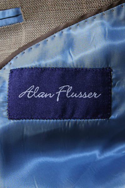 Alan Flusser Mens Plaid Notch Lapel Two Button Blazer Light Brown Blue Size 42R