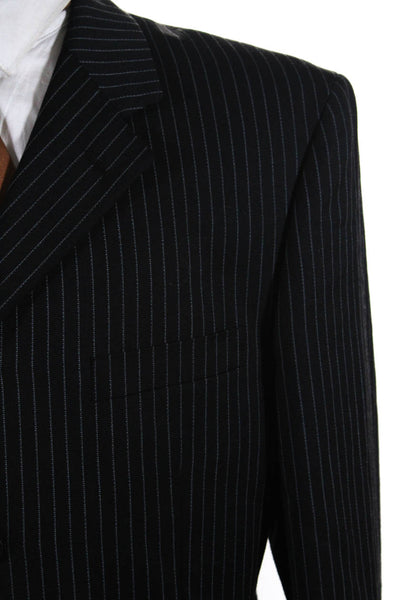 Phat Farm Mens 100% Wool Pinstripe Four Button Suit Blazer Black White Size 42R