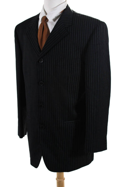 Phat Farm Mens 100% Wool Pinstripe Four Button Suit Blazer Black White Size 42R