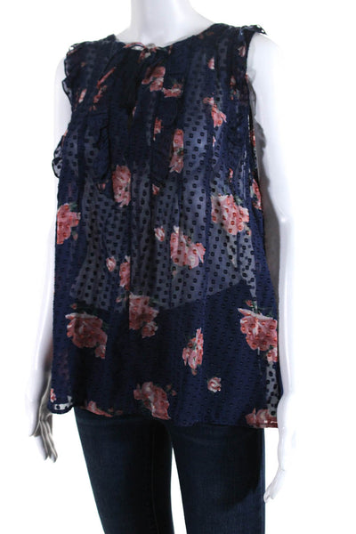 Joie Womens Silk Sleeveless Textured Polka Dot Floral Blouse Navy Blue Size L