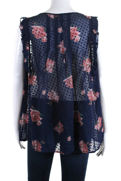 Joie Womens Silk Sleeveless Textured Polka Dot Floral Blouse Navy Blue Size L