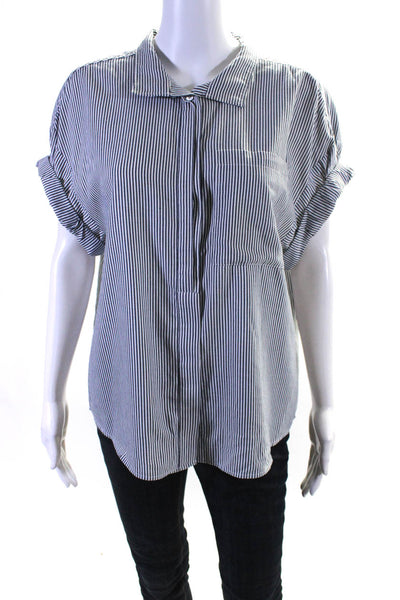 Frame Womens Striped Cuffed Short Sleeved Button Down Shirt White Gray Size M