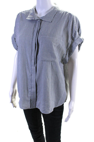 Frame Womens Striped Cuffed Short Sleeved Button Down Shirt White Gray Size M