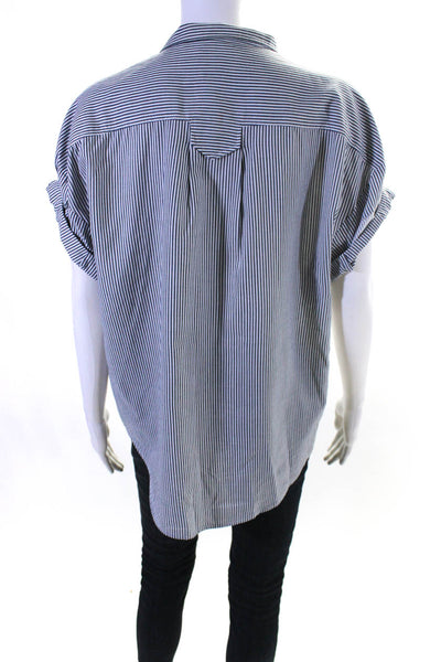 Frame Womens Striped Cuffed Short Sleeved Button Down Shirt White Gray Size M