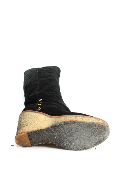 Designer Womens Suede Platform Knee High Wedge Boots Black Size 7