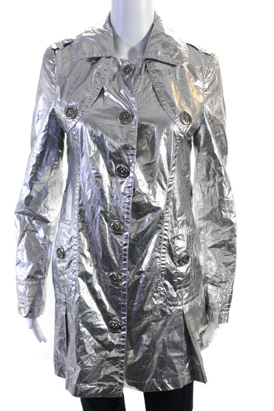 Gizia Womens Long Hooded Metallic Chrome Snap Jacket Silver Size IT 36
