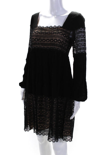 Floreat Womens Patchwork Tiered Embroidered Textured A-Line Dress Black Size 2