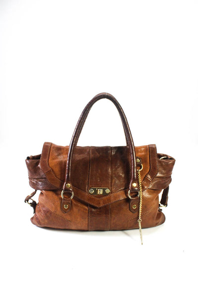 Velvetine Crinkled Leather Adjustable Strap Push Lock Satchel Handbag Brown