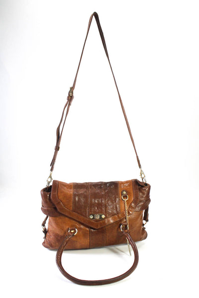 Velvetine Crinkled Leather Adjustable Strap Push Lock Satchel Handbag Brown