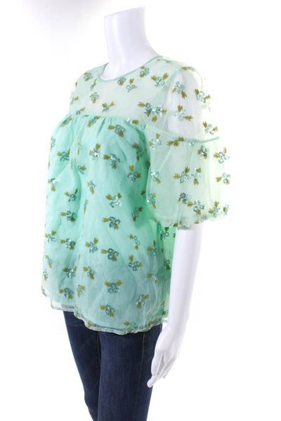 Anthropologie Womens Floral Sequin Sheer Puff Half Sleeved Blouse Green Size  10