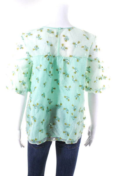 Anthropologie Womens Floral Sequin Sheer Puff Half Sleeved Blouse Green Size  10