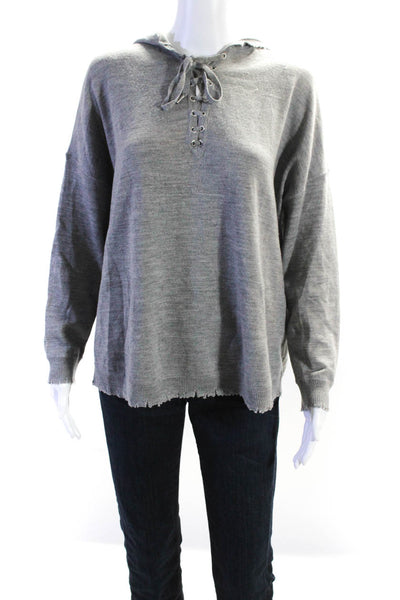 Sport The Kooples Womens Hooded Tied V Neck Long Sleeved Sweater Gray Size S