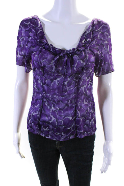 Yves Saint Laurent Womens 100% Silk Floral Short Sleeved Blouse Purple Size 34