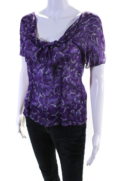 Yves Saint Laurent Womens 100% Silk Floral Short Sleeved Blouse Purple Size 34