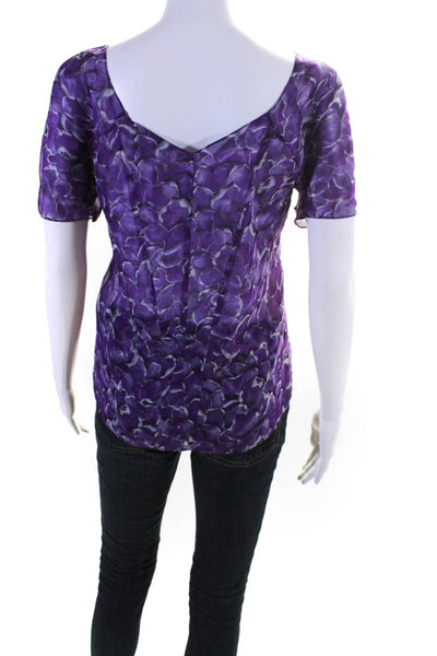 Yves Saint Laurent Womens 100% Silk Floral Short Sleeved Blouse Purple Size 34