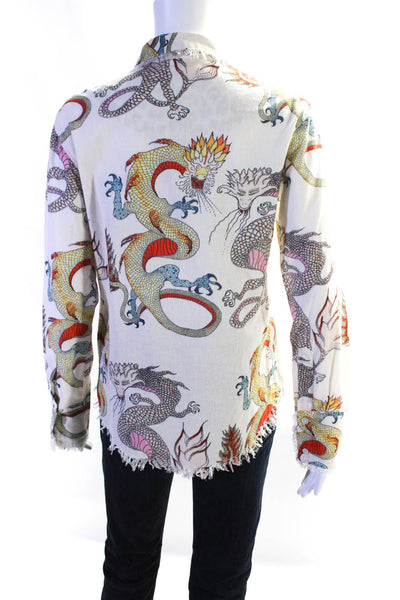 Tizzie Womens Cotton Dragon Print Long Sleeve Button Up Blouse Top Beige Size M