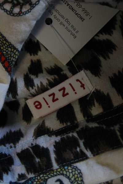 Tizzie Womens Cotton Dragon Print Long Sleeve Button Up Blouse Top Beige Size M