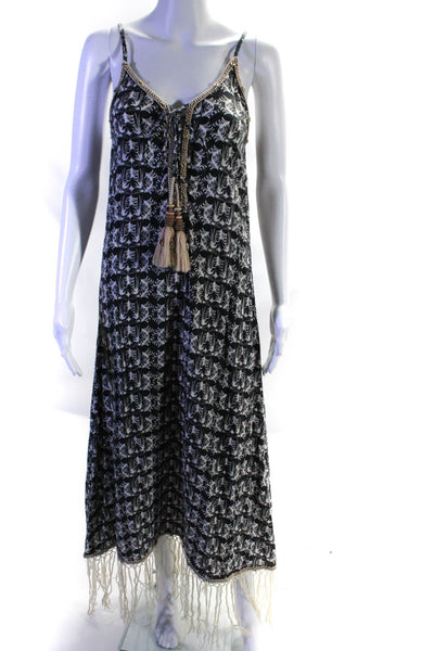 Shemo Womens Beaded Plant Print Tassel Trim Sleeveless Maxi Dress Blue Size S