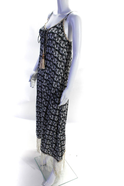 Shemo Womens Beaded Plant Print Tassel Trim Sleeveless Maxi Dress Blue Size S